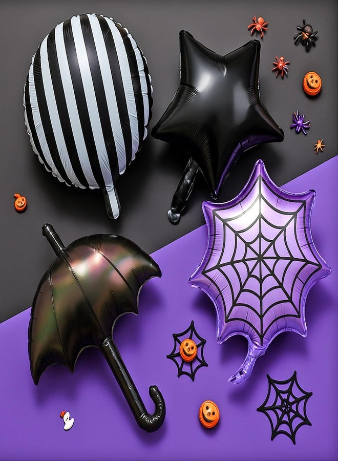 LaRandom 8 Pcs Gothic Foil Balloons Purple and Black Striped Star Umbrella Aluminum Film Balloons for Goth Birthday Halloween Mysterious Character Theme Party Decorations Supplies - Image 3